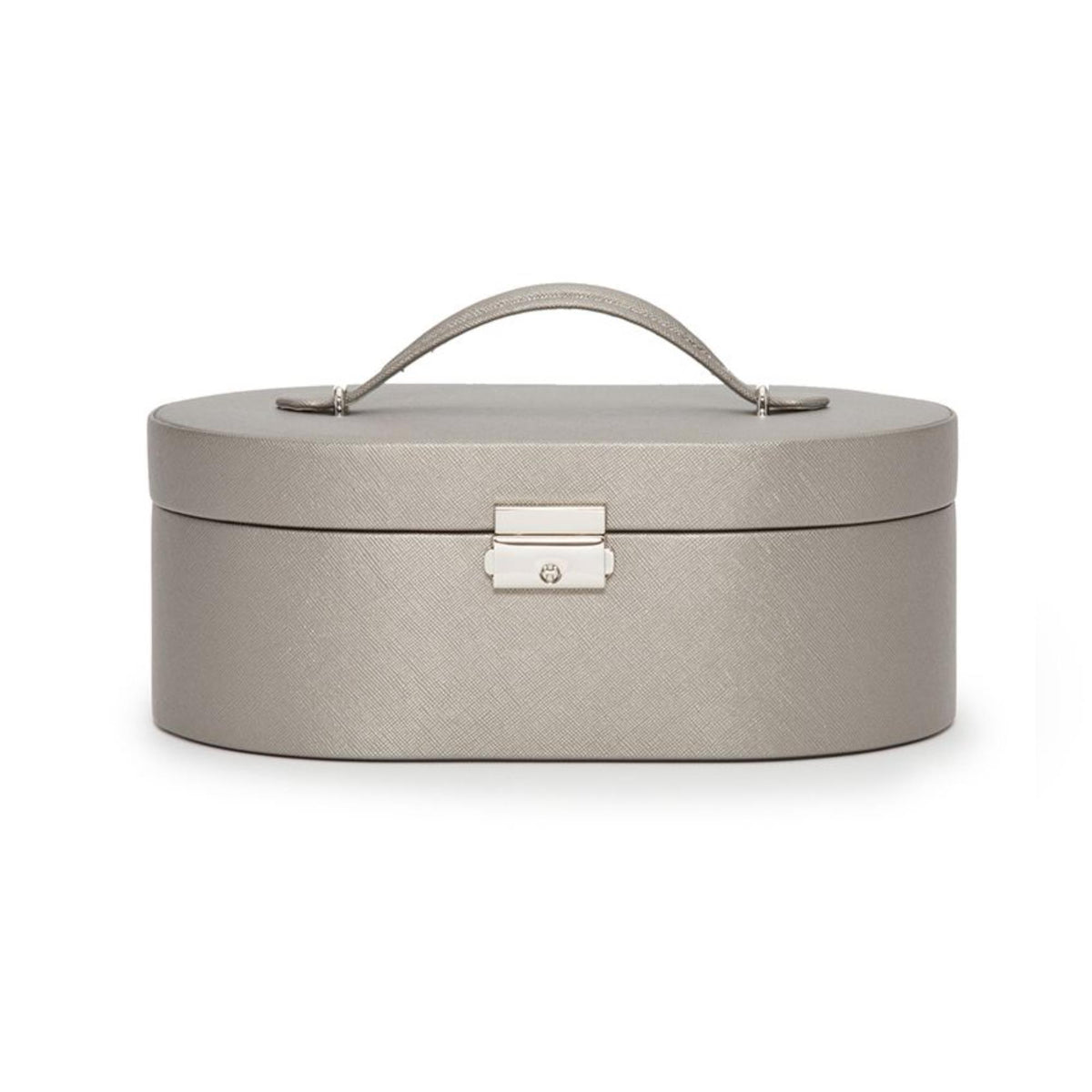 Taupe oval jewelry box with carry handle, front clasp, and padded outer edge.