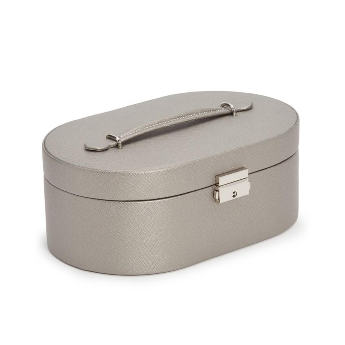 Taupe oval jewelry box with side handle strap and silver front clasp.