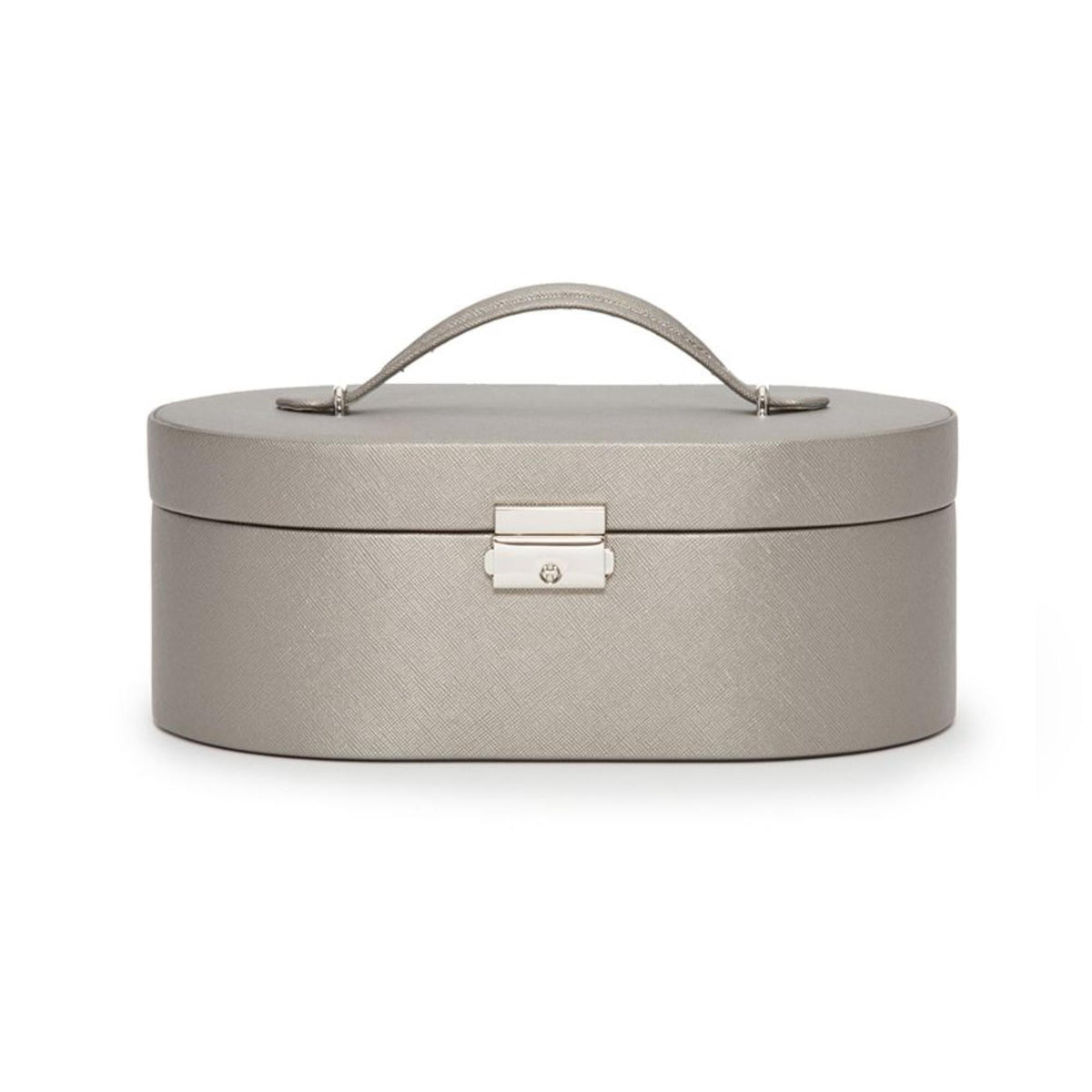 Taupe oval jewelry box with curved handle and centered clasp lock on lid.