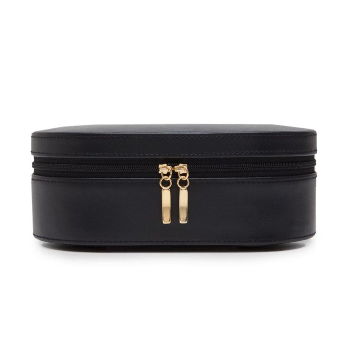 Black oval leather zip case with gold-tone double zipper pulls
