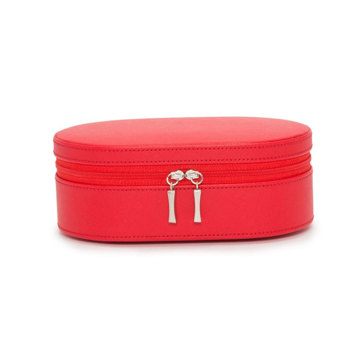 Red oval leather zip case with smooth round lid and double zip pulls in silver