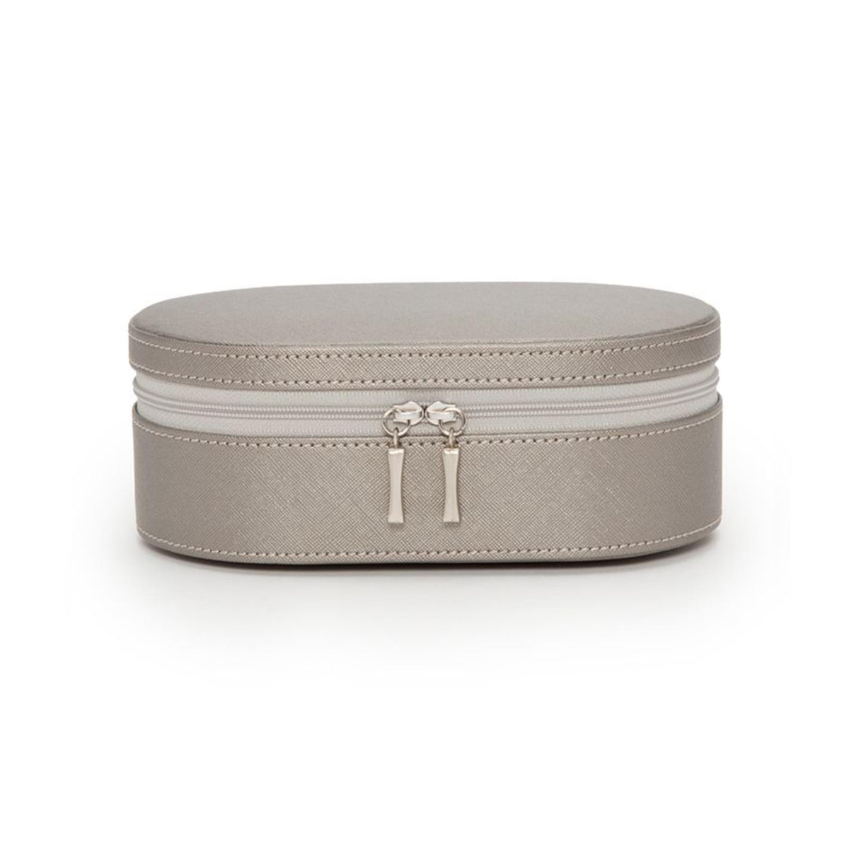 Tan oval leather zip case front view with double zipper pulls and stitched edges.