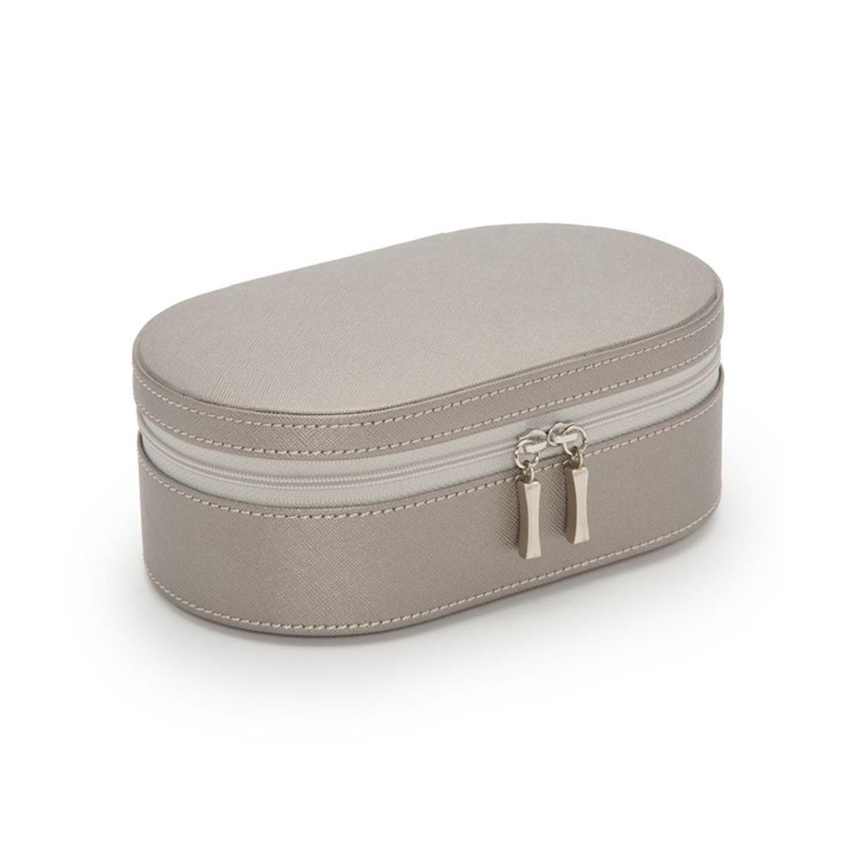 Tan oval leather zip case with lid closed and double zipper pull on the front.
