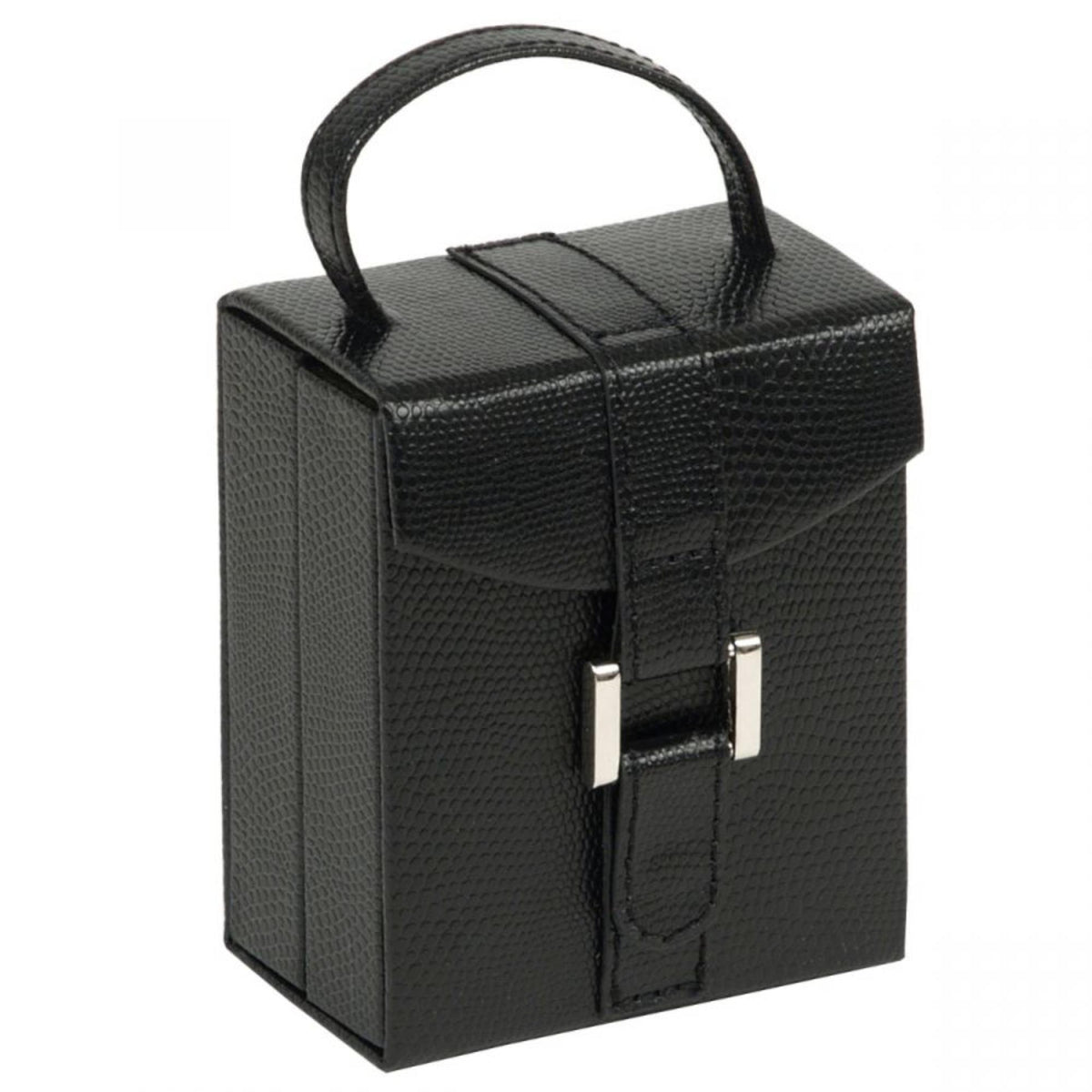 Black textured leather jewelry box side view with carry handle and front clasp