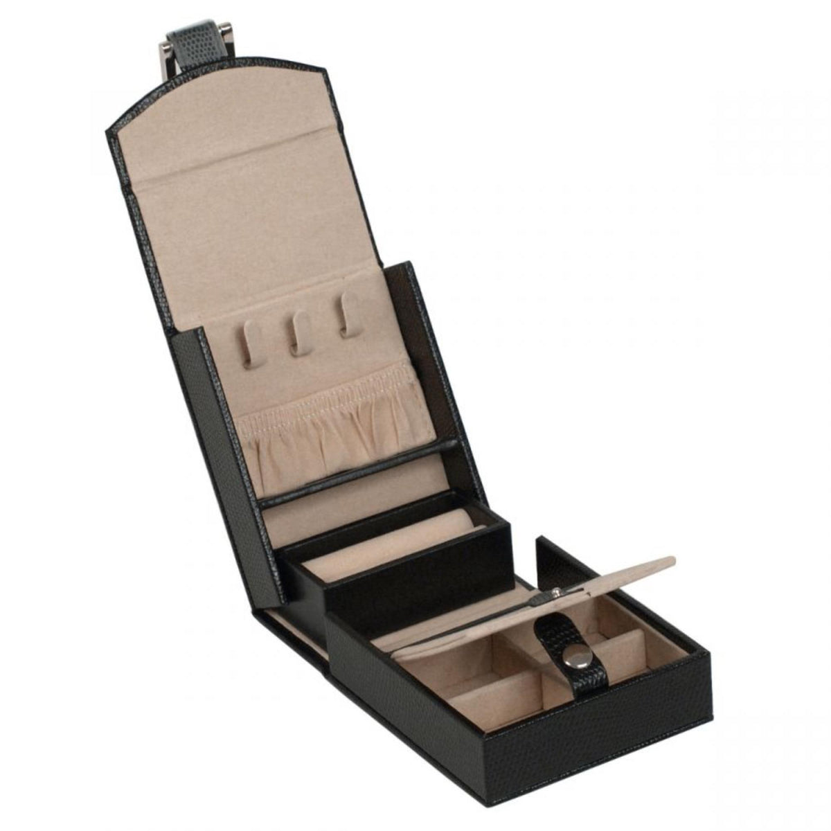 Open black leather jewelry box with ring pads and pull-out storage compartments