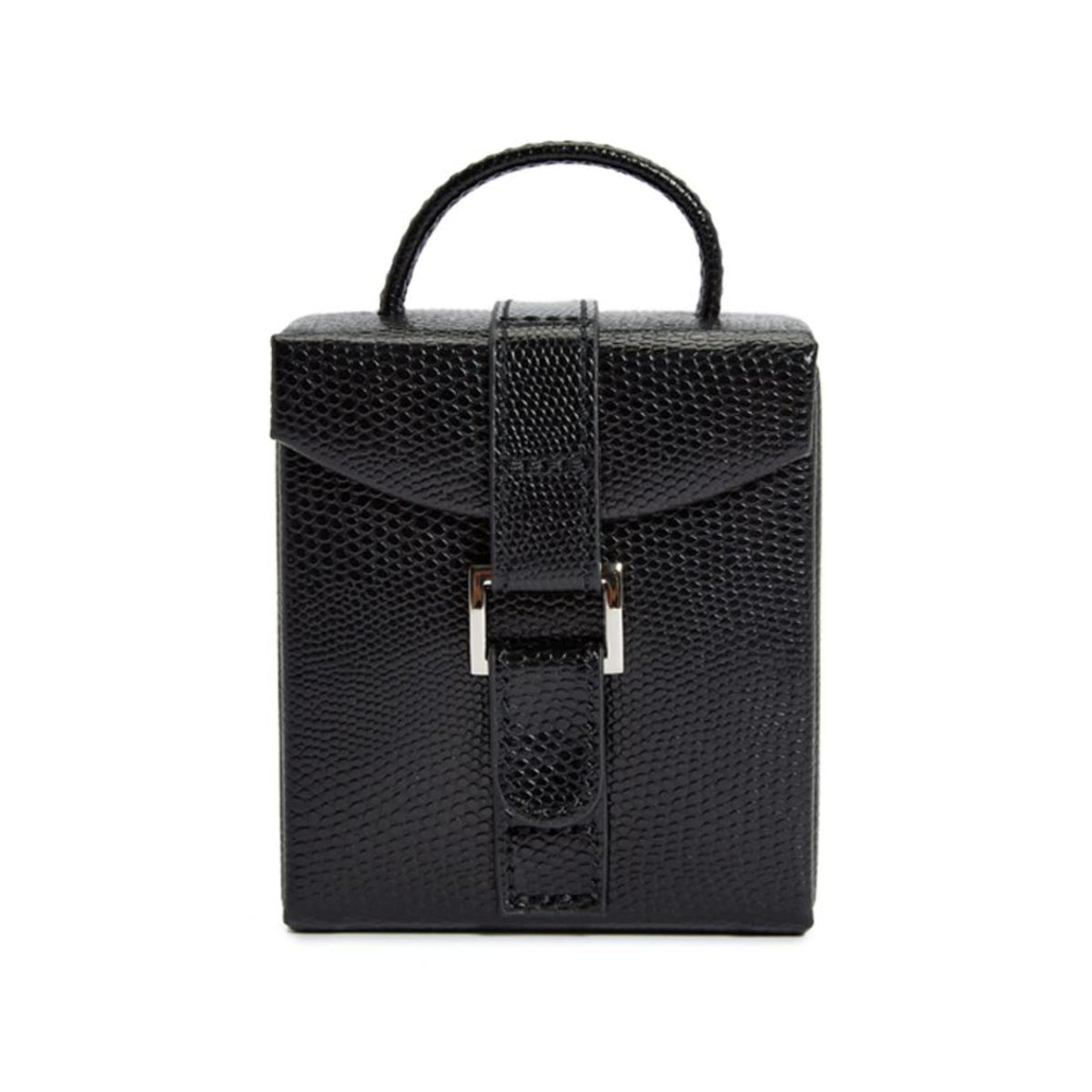 Black leather fold-out jewelry box front view with top handle and clasp