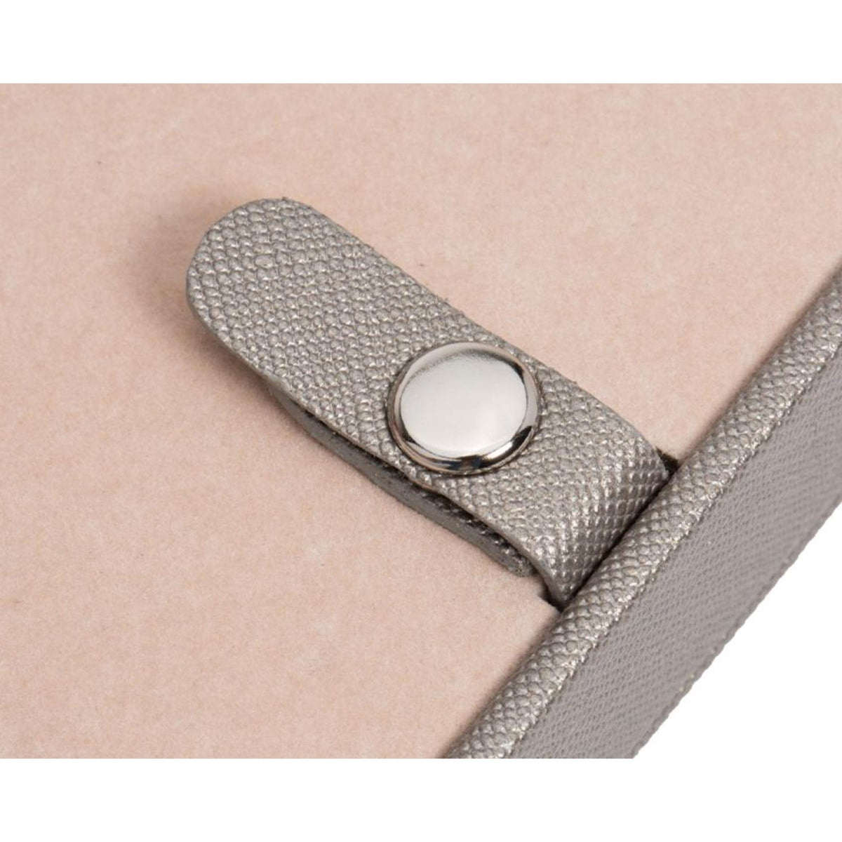 Tan jewelry box corner ring snap tab with silver-toned metal button