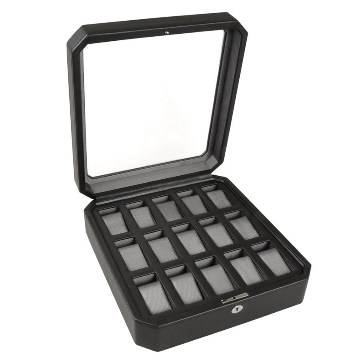 Black watch box open, showing padded grid compartments under the hinged lid.
