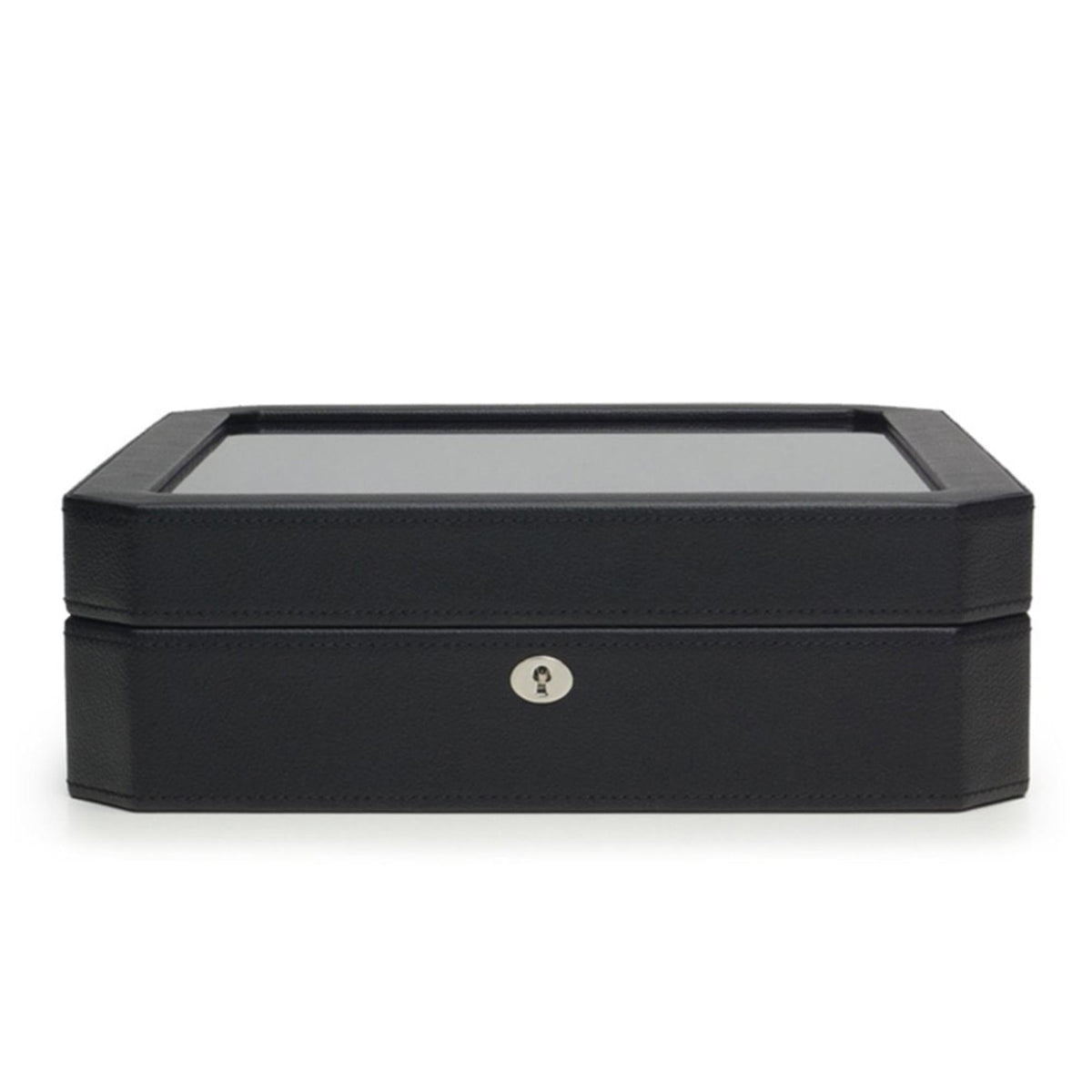 Black watch box with hinged lid and gold-toned lock plate on the front.