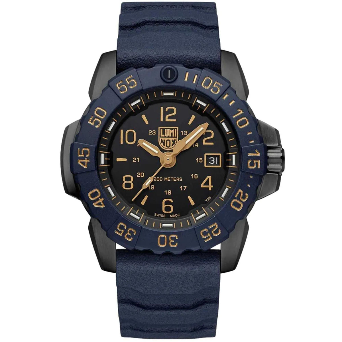 Men's 45mm quartz diver watch with blue rubber strap, black dial and gold markers