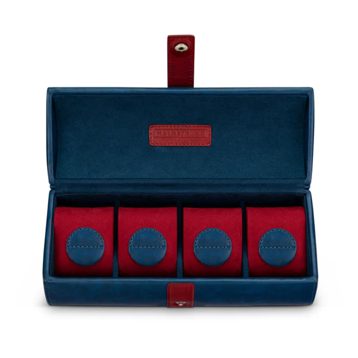 Open navy blue watch case pouch with four slots and a red-topped carry loop.