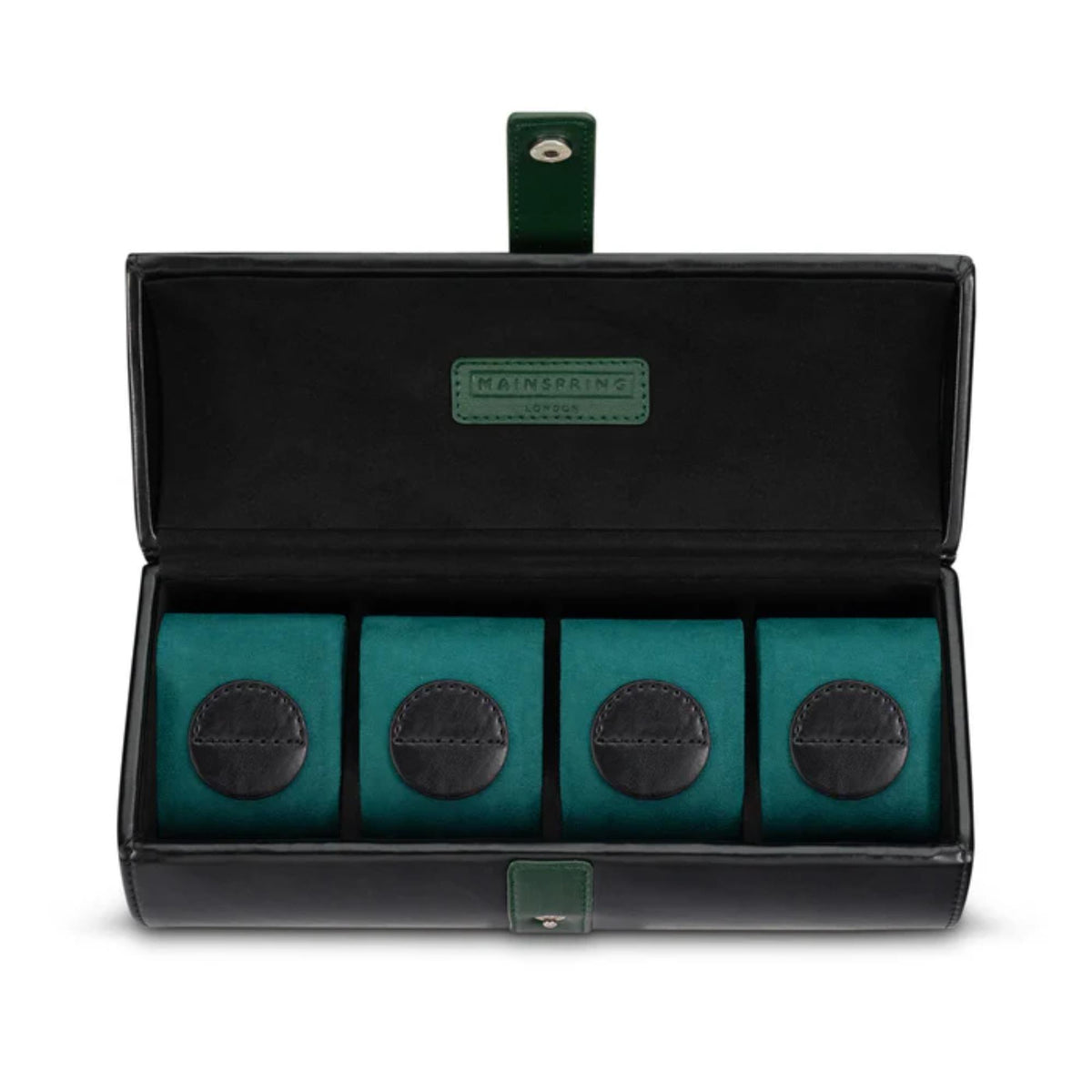 4-slot watch case pouch opened flat, black cover with teal interior and four slots.