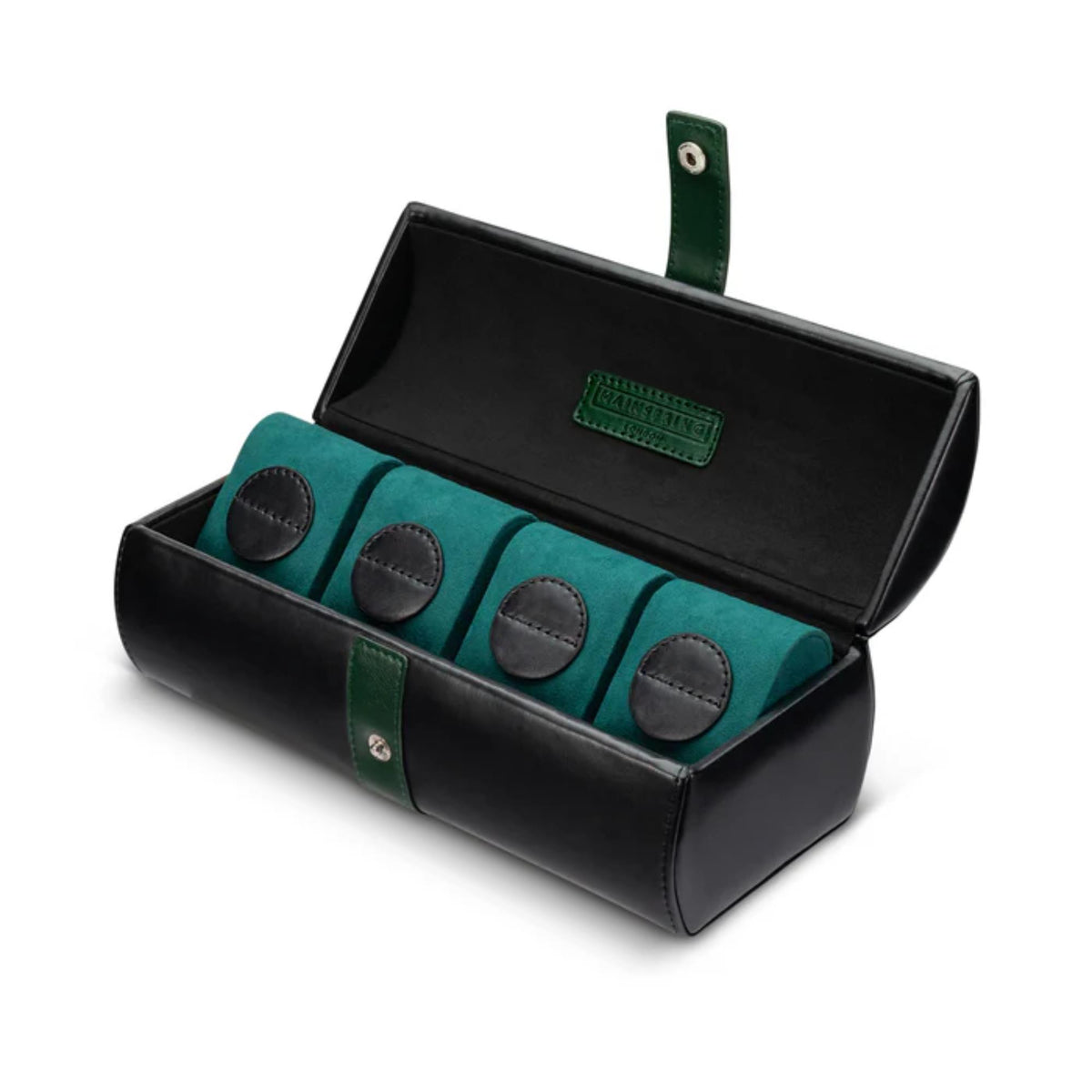 4-slot watch case pouch opened, black outer case with teal insert and four round pads.