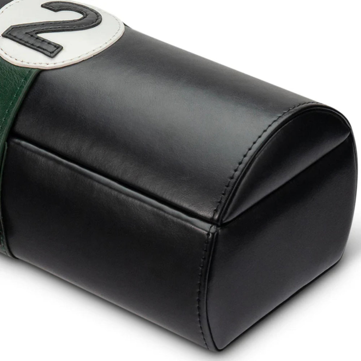 Black leather 4-slot watch case pouch with stitched edges and white numbered patch