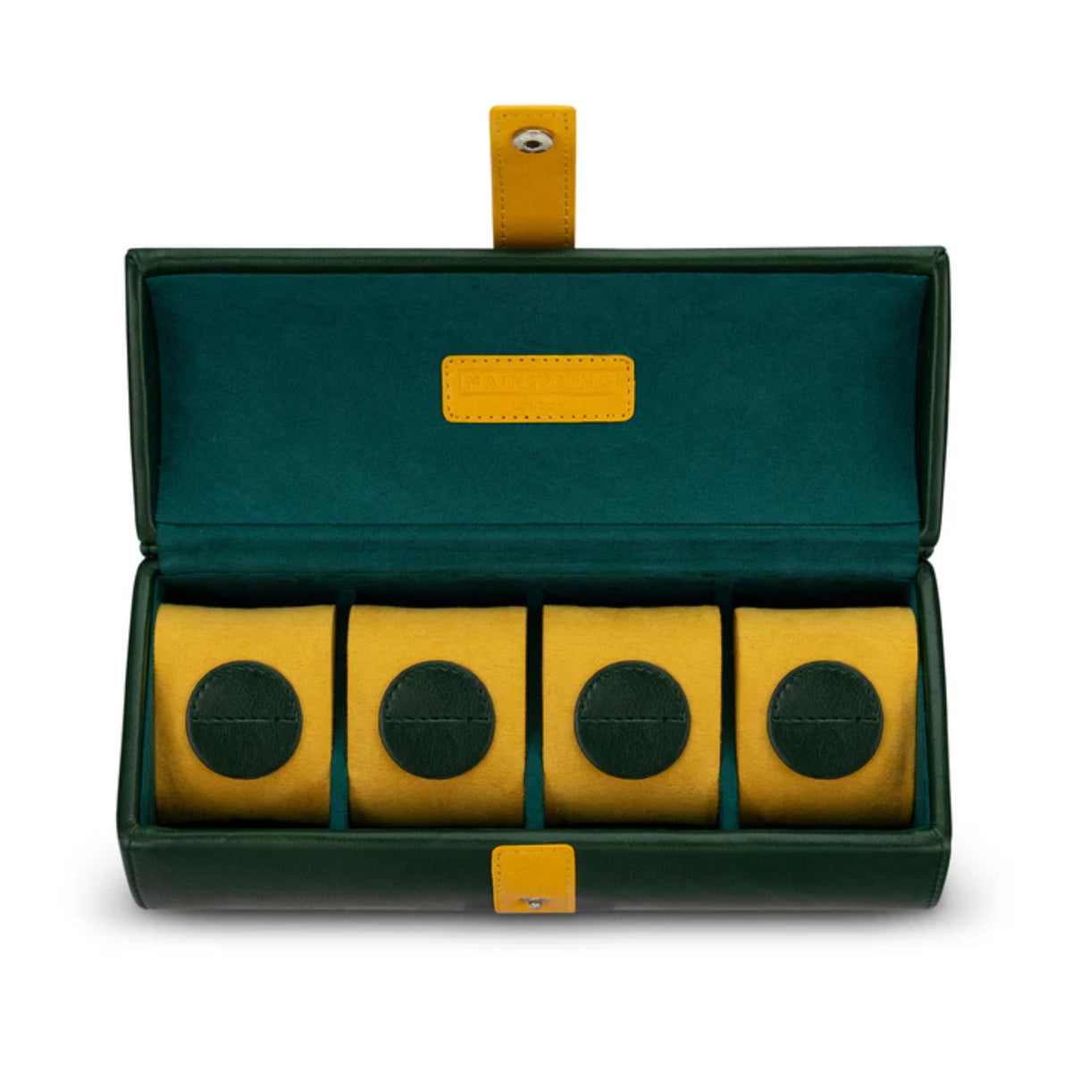 Open green watch case pouch with four round slots in yellow lining and top handle strap