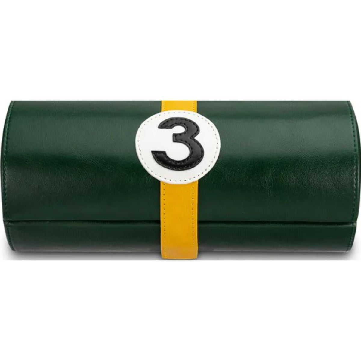 Racing green 4-slot watch case pouch with yellow strap and white “3” patch on front