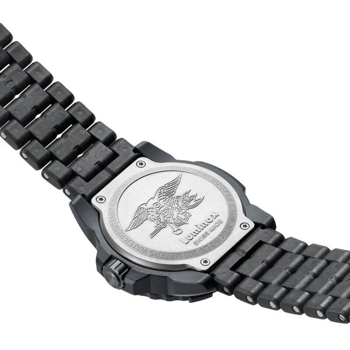 Black rubber strap watch with engraved metal caseback and logo emblem.