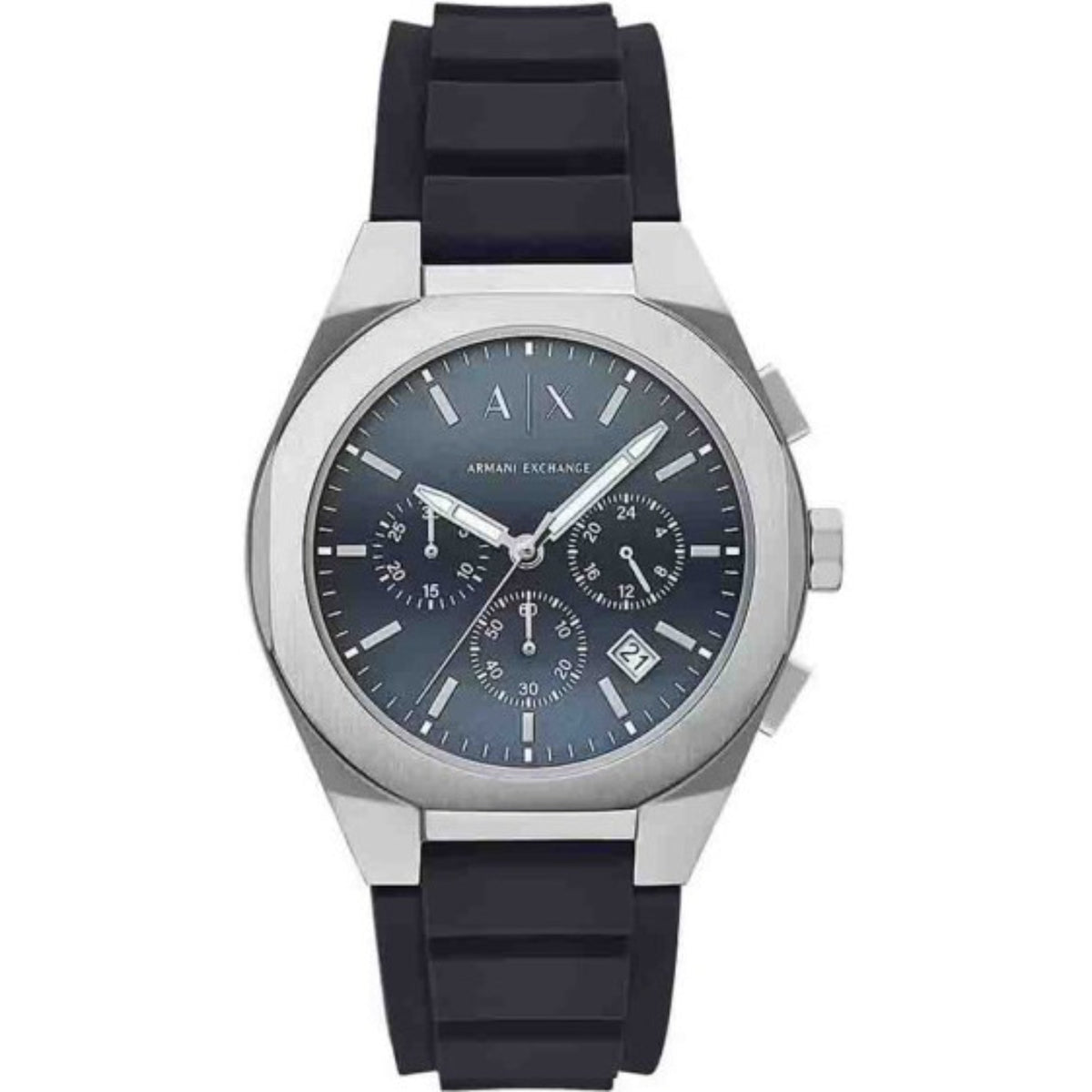 Men's chronograph watch with blue dial, black silicone strap, silver-tone case