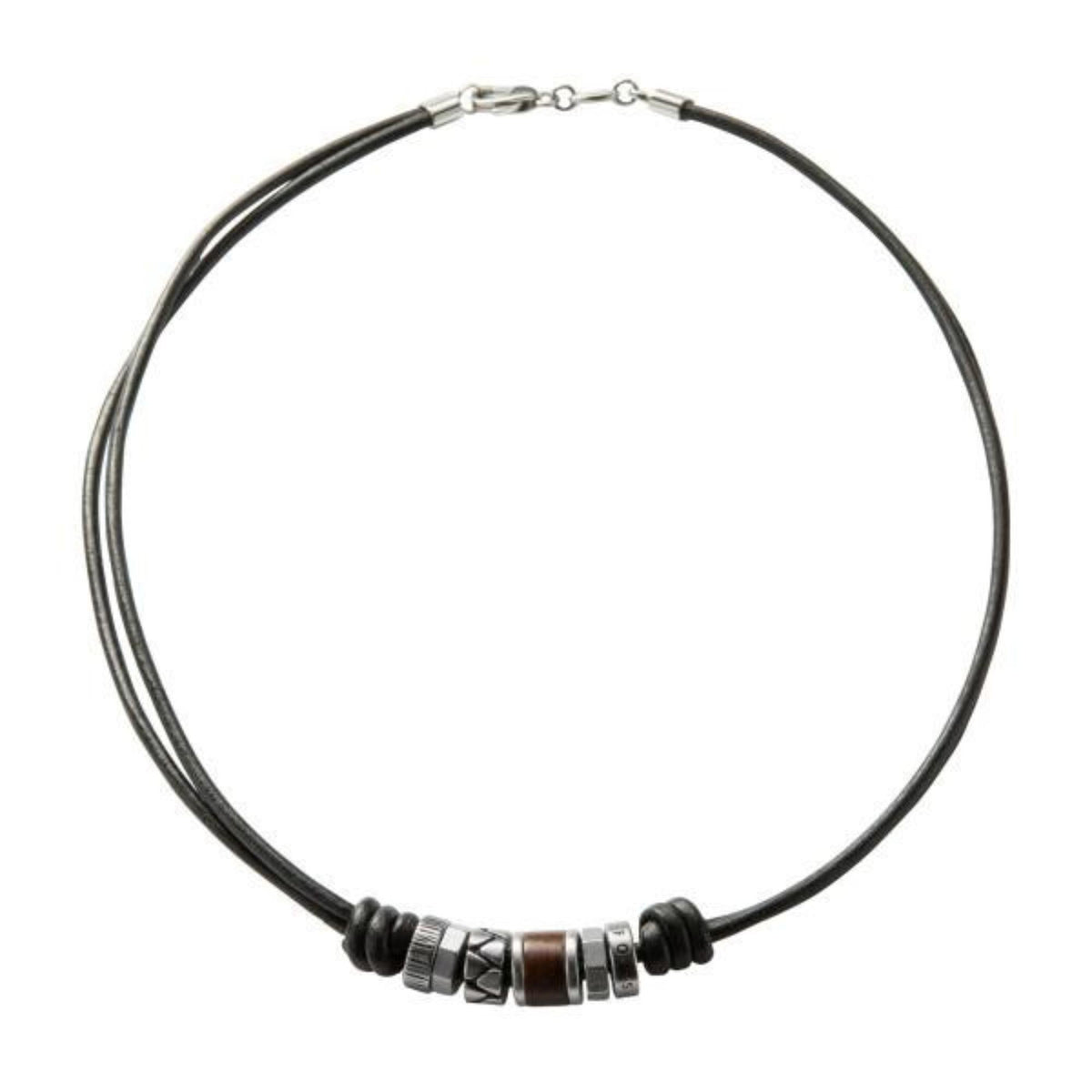 Men's black cord necklace with silver-tone clasp and bead row, brown accent beads