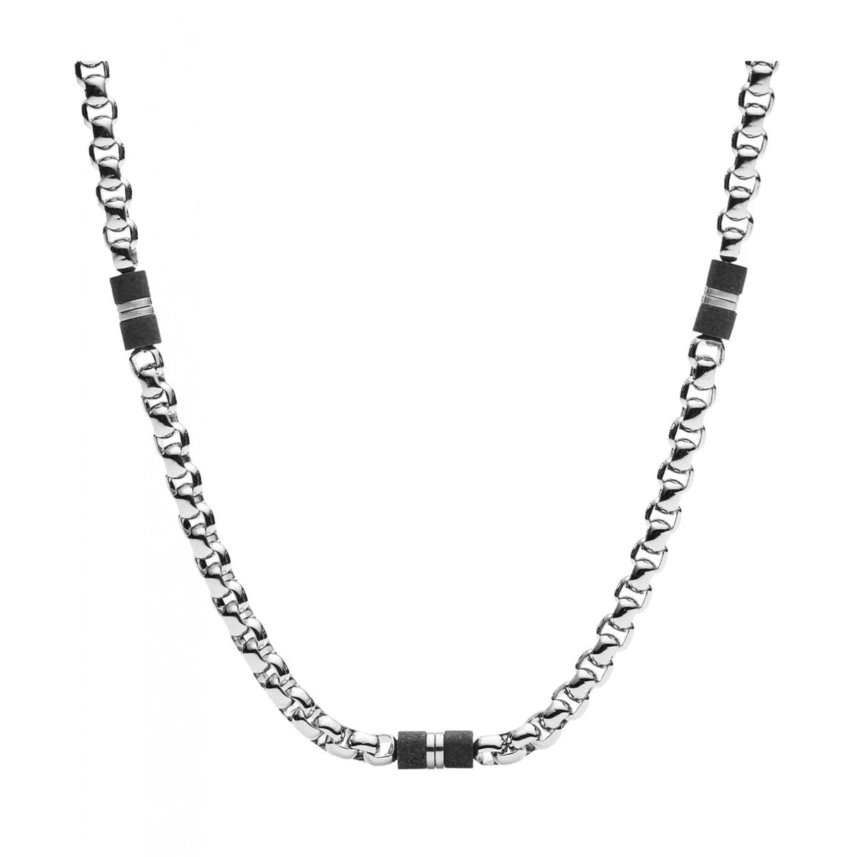 Men's beaded necklace with stainless steel links and black marble square beads