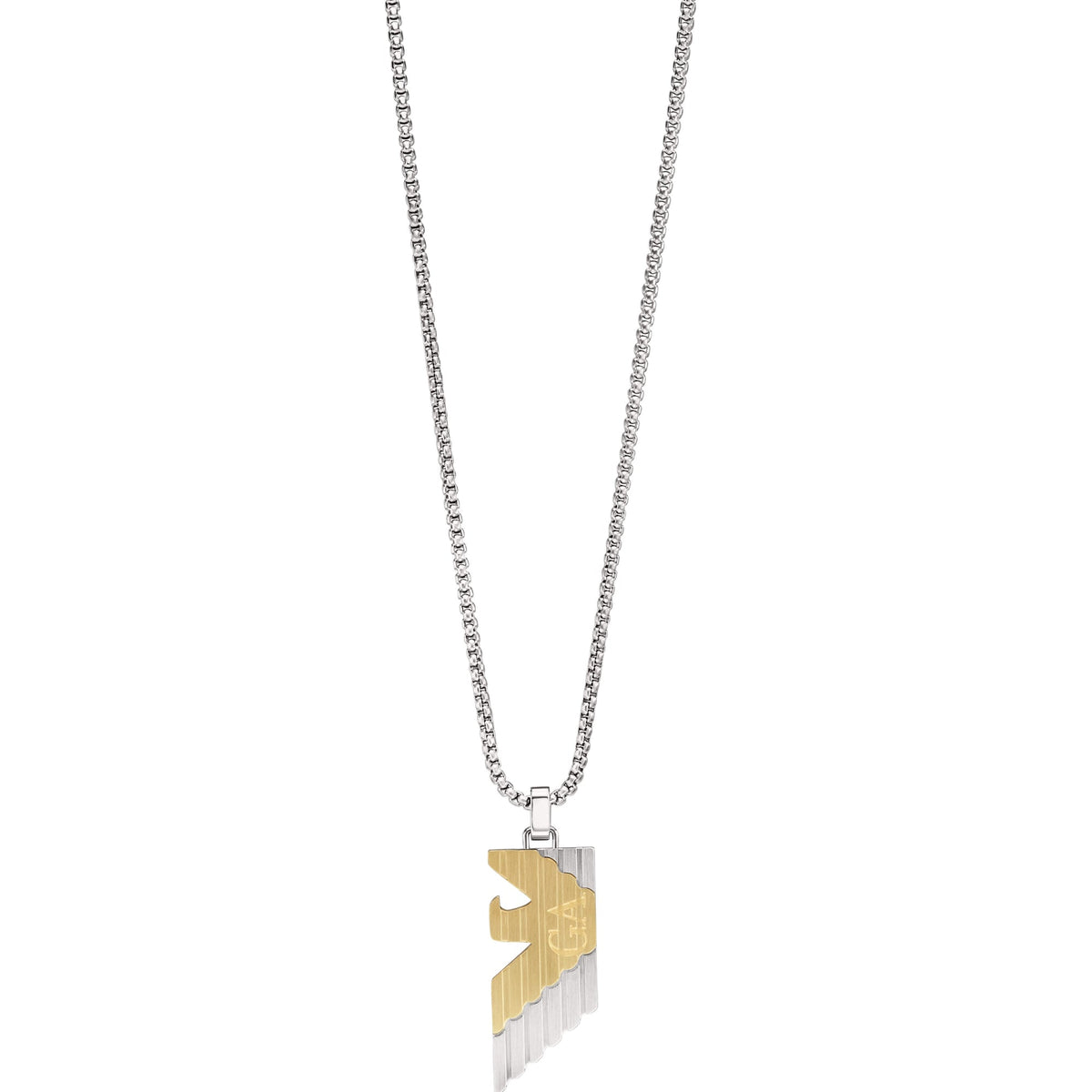 Men's two-tone stainless pendant necklace with lightning bolt charm and secure clasp, silver and gold