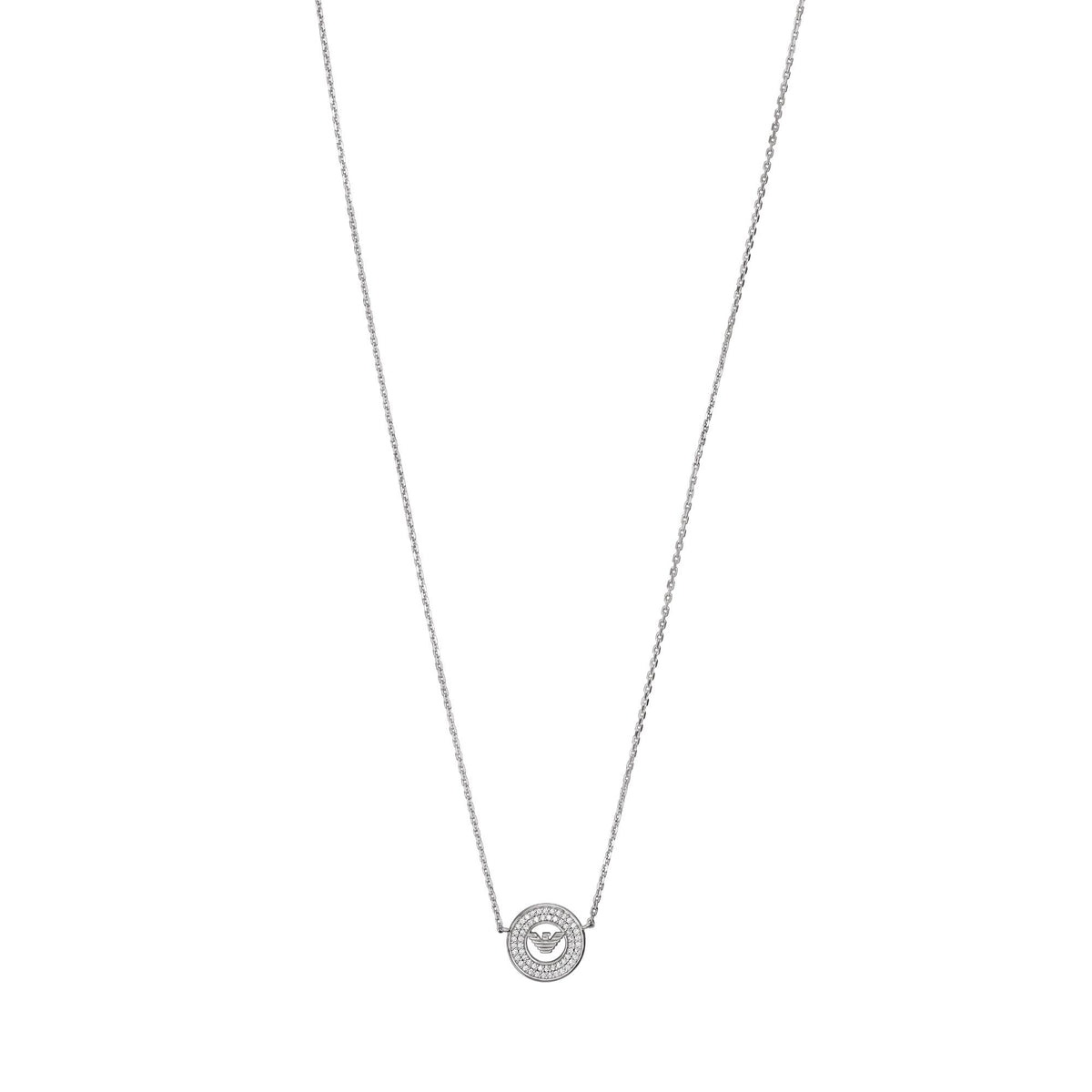Sterling silver round logo pendant necklace on thin chain, small round charm