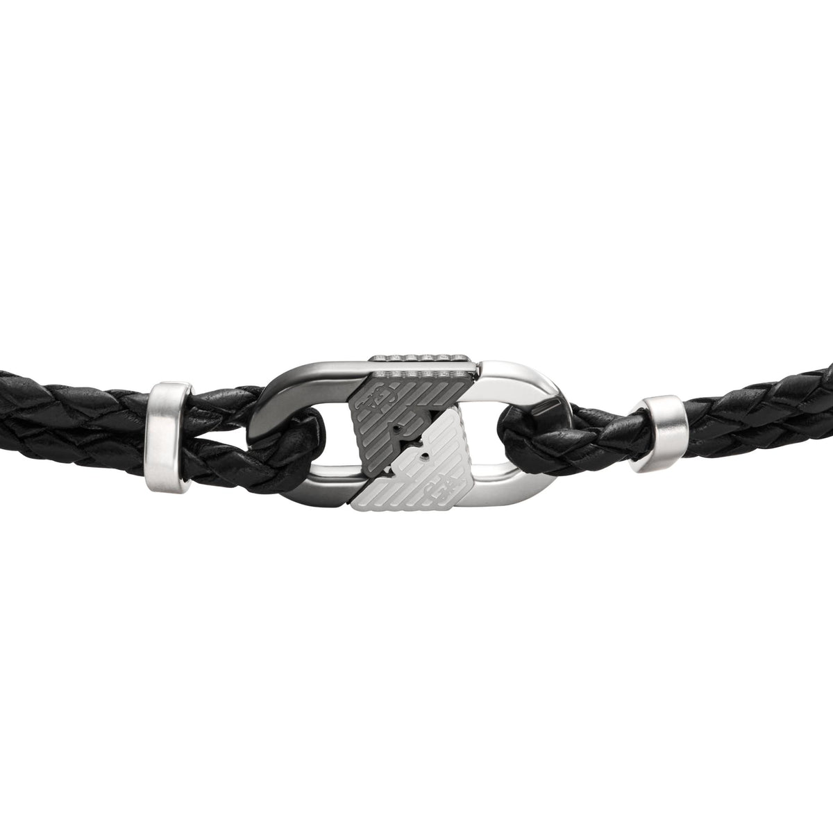 Emporio Armani stainless steel ID bracelet with black braided cord and textured silver center plate