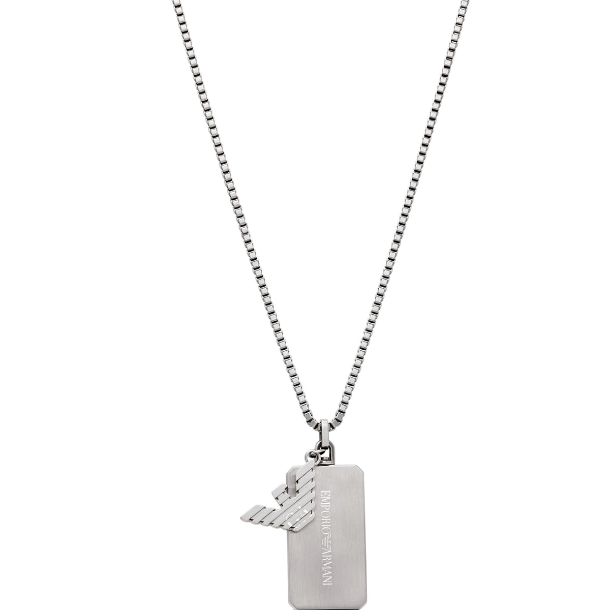 Stainless steel dog tag necklace with hinged pendant detail and cable chain