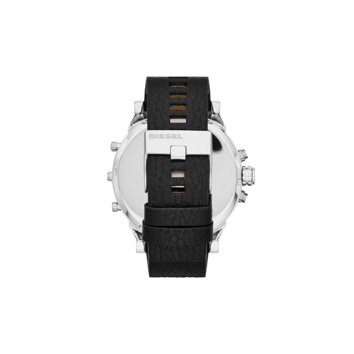 Diesel chronograph watch top view with black leather strap and silver case pushers