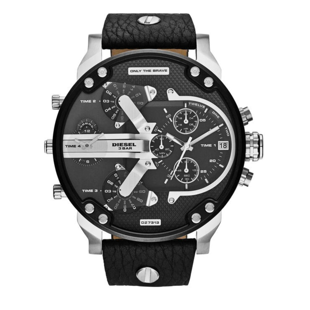 Diesel chronograph watch front view, black textured dial with multiple subdials