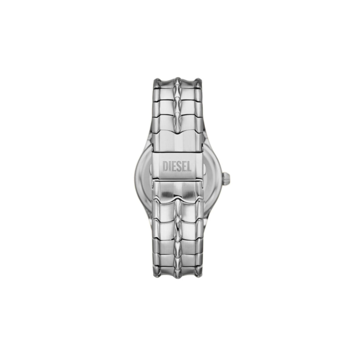 Diesel stainless steel men's watch caseback with 'DIESEL' text and bracelet links