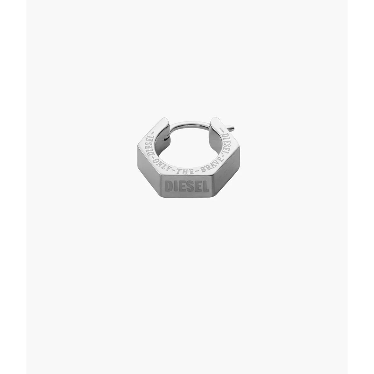 Stainless steel hexagonal hoop earring, front close-up with open loop