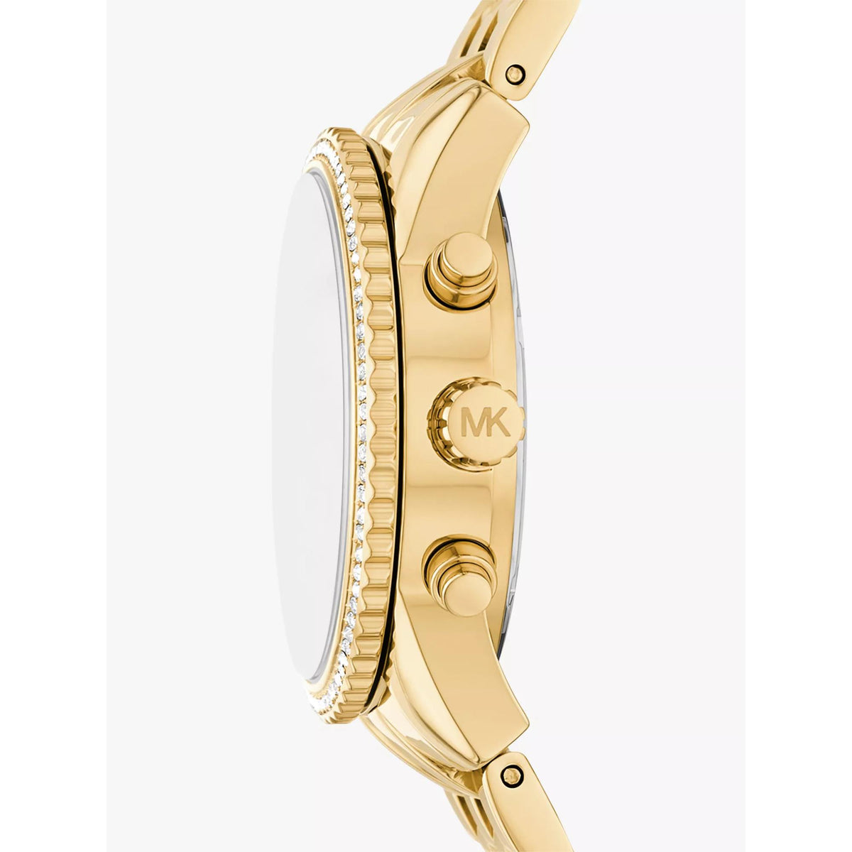 Gold-tone watch profile showing case side, crown buttons, and crystal rim