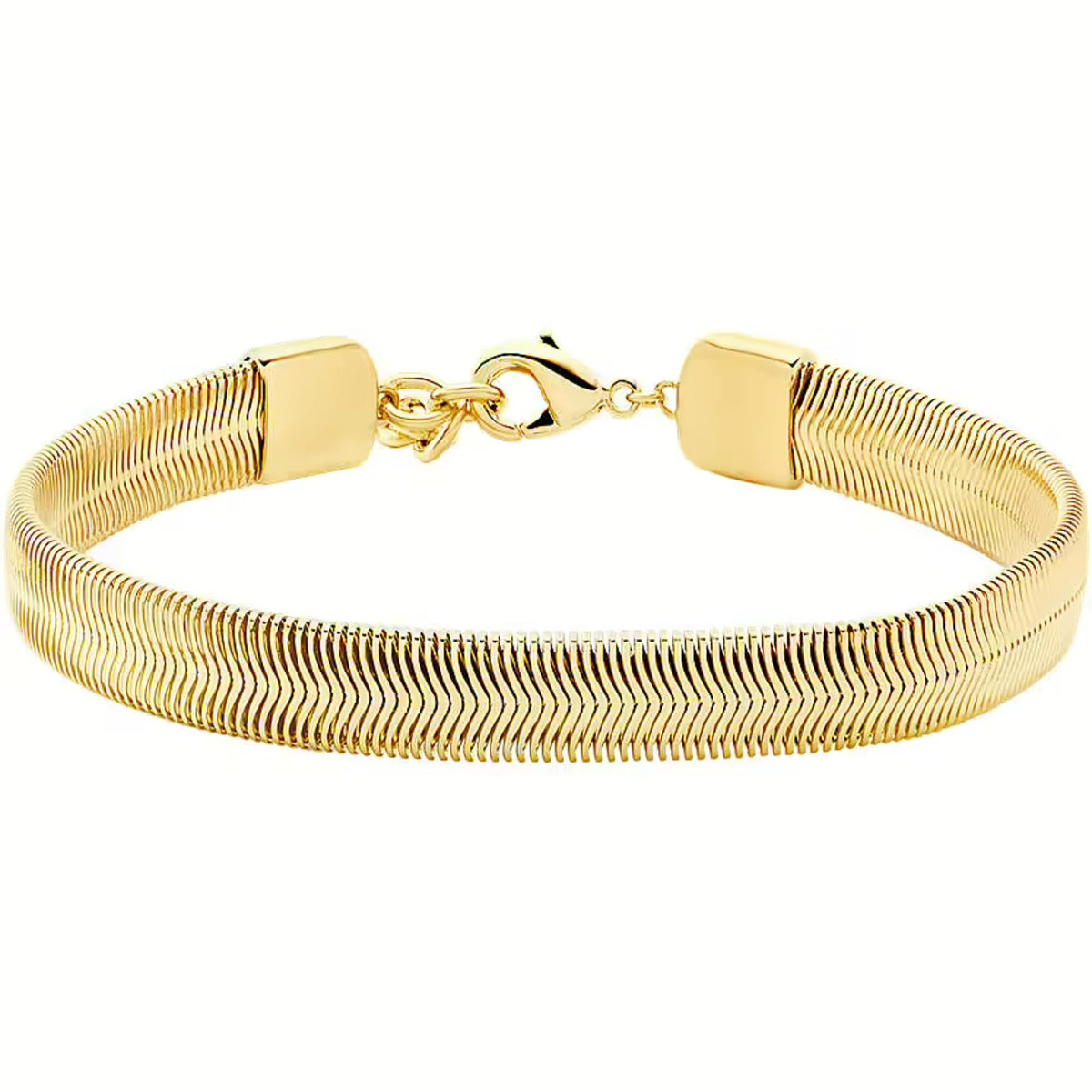 Gold-plated chevron snake chain bracelet with center clasp link and logo plates
