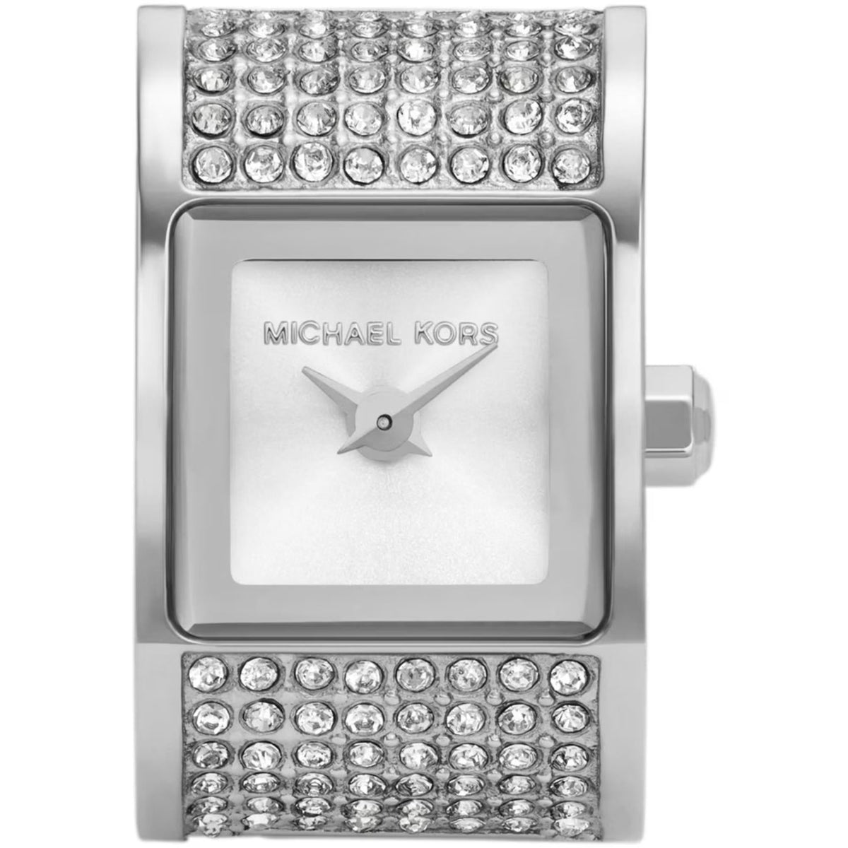 Michael Kors women’s wrist watch, white dial rectangular case with crystal detailing and silver strap
