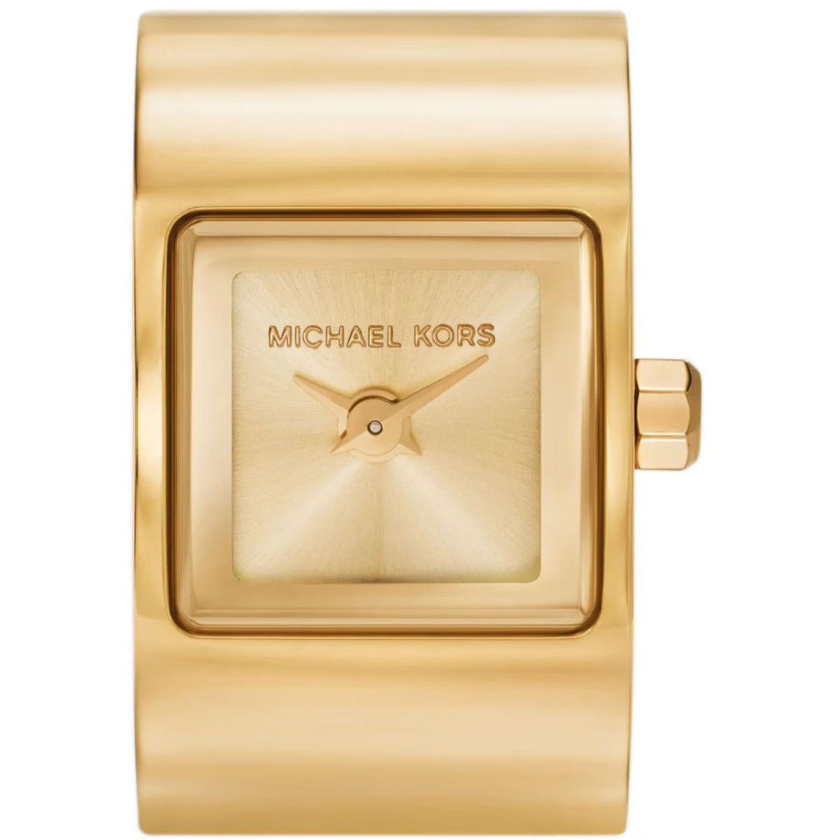 Gold-tone square ladies wristwatch with cream dial, brand logo, and link band.