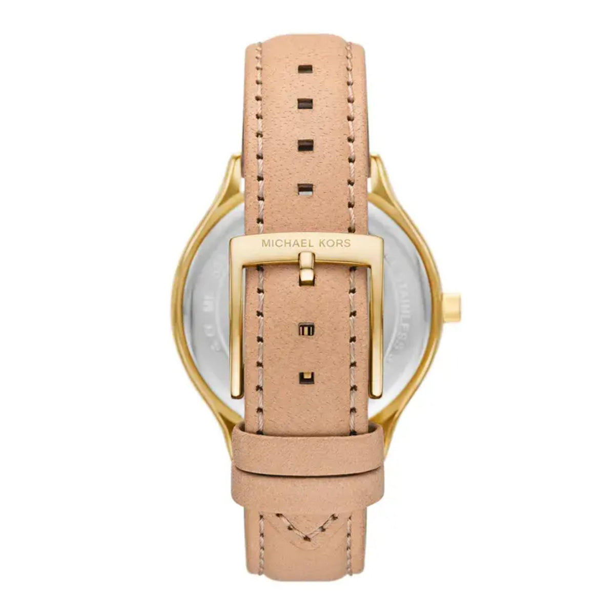 Back of women's Michael Kors watch with gold case and nude leather strap