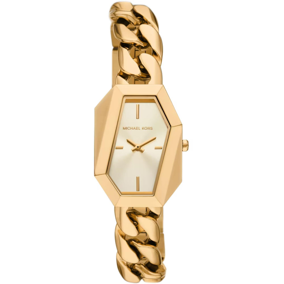 Front view of gold-tone hexagonal watch with white dial and baton markers