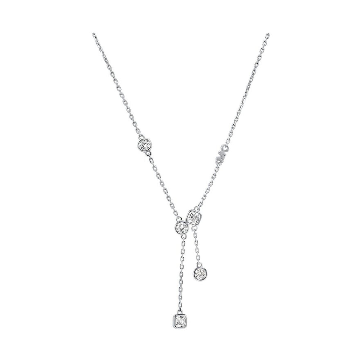 Sterling silver pendant necklace featuring linked chain with round and square crystal charms