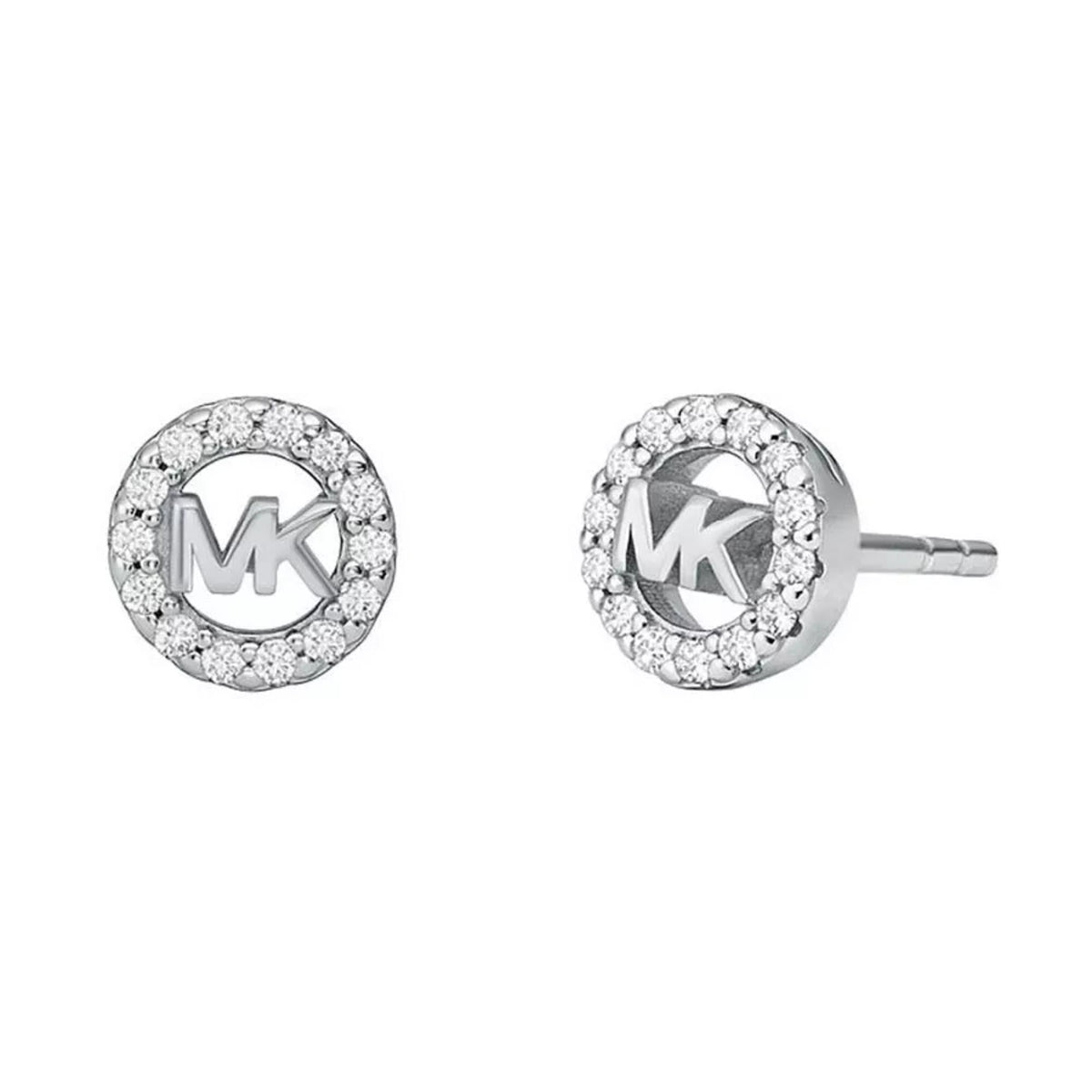 Sterling silver MK logo stud earrings, pair shown with round crystal halo