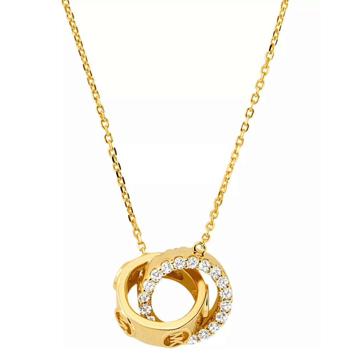 Gold-plated interlocking ring pendant necklace, front view with clear stones