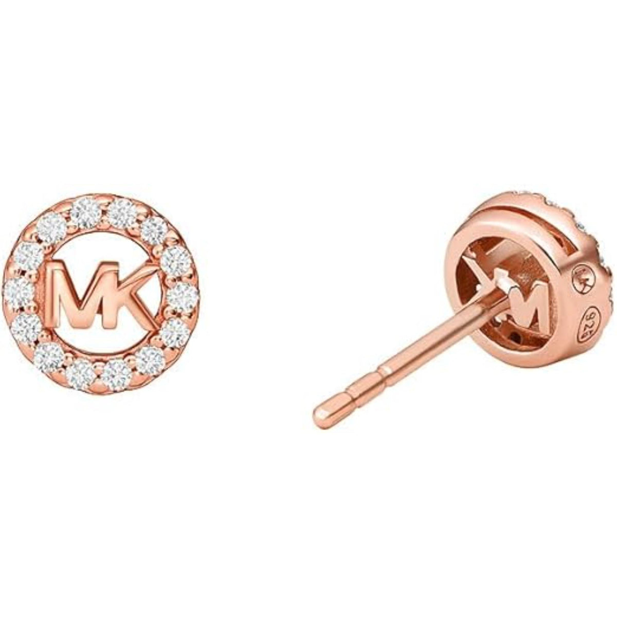Rose gold tone MK logo stud earrings featuring crystal halo and round backs