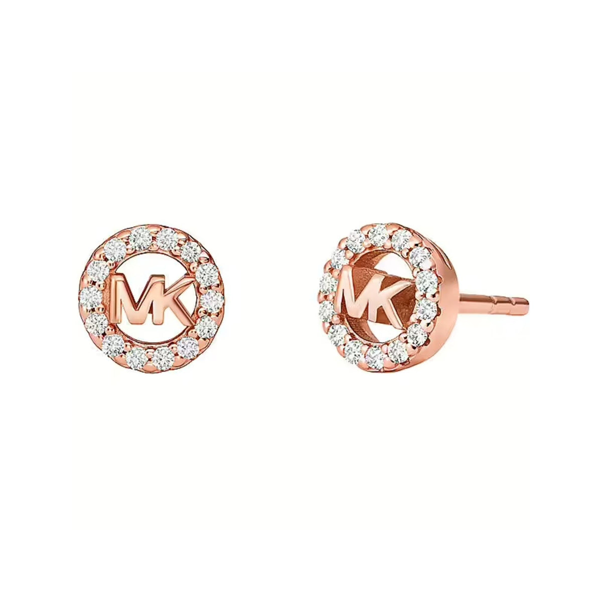 Rose gold tone MK monogram stud earrings with round crystal halo setting