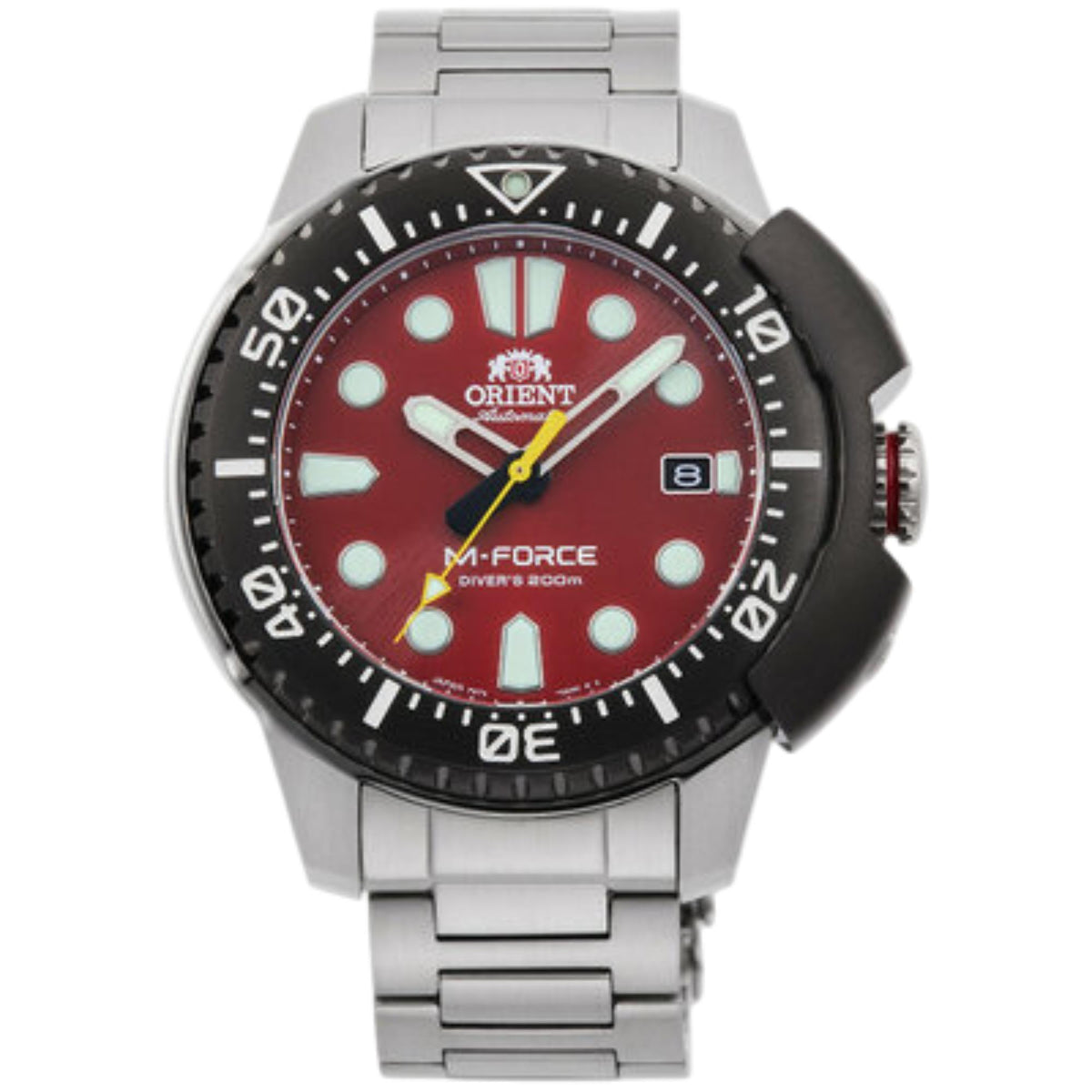 Steel diver watch front view with red dial, black bezel, and luminous hour markers