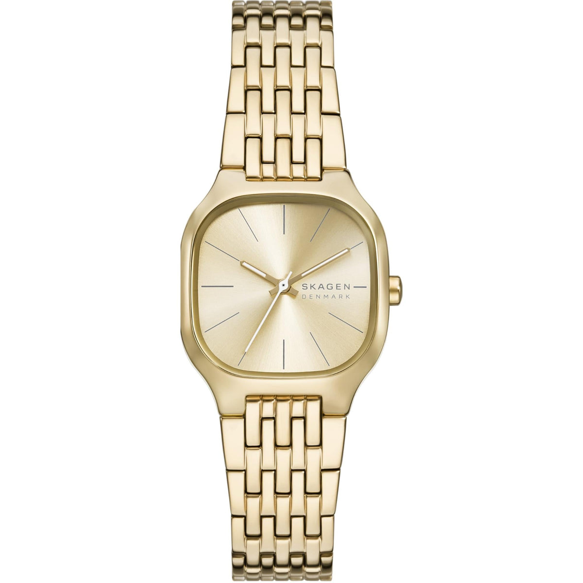 Gold-tone ladies wristwatch with cream dial, gold hands, and linked bracelet strap