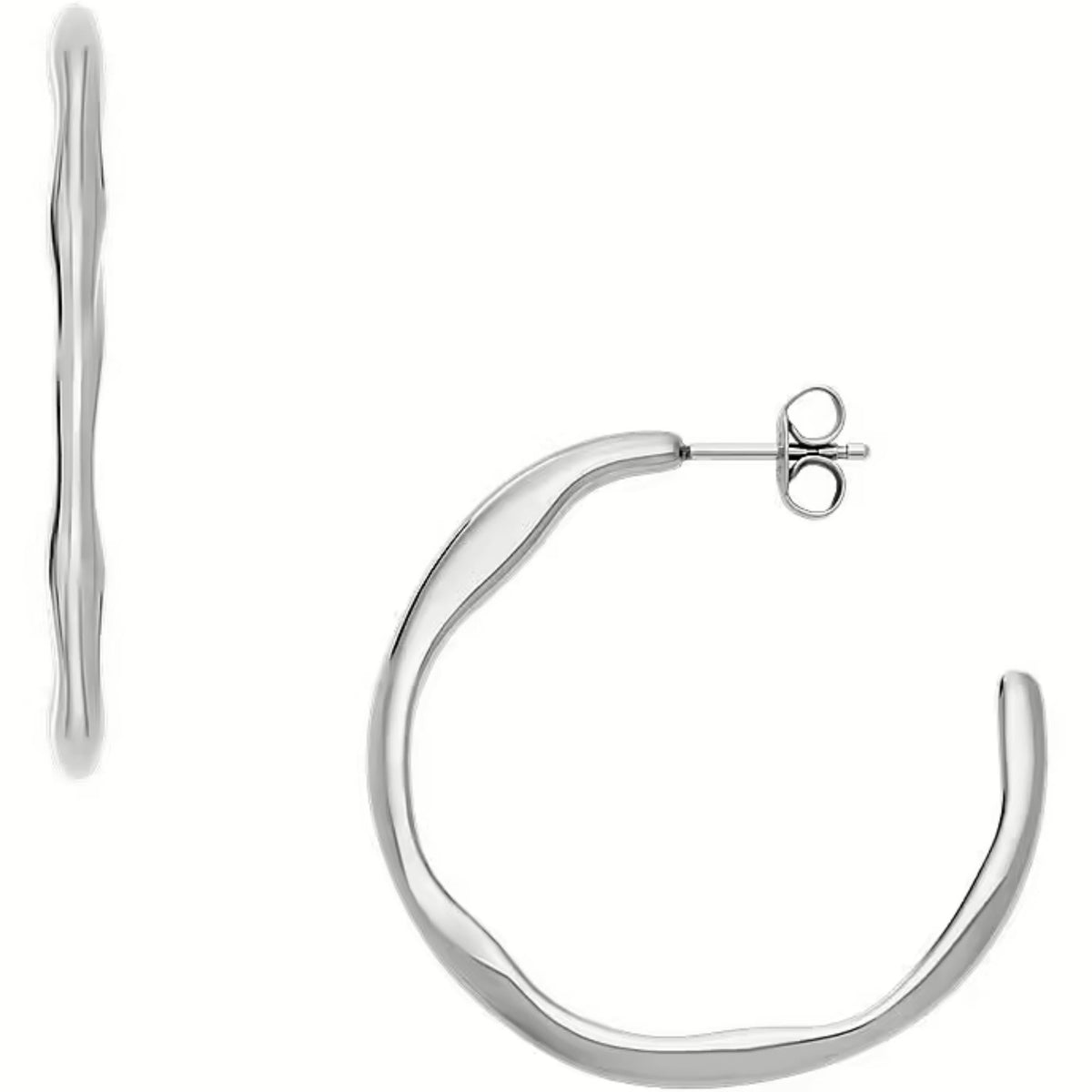 Silver-tone stainless hoop earrings, front view with clasp backing and smooth curve