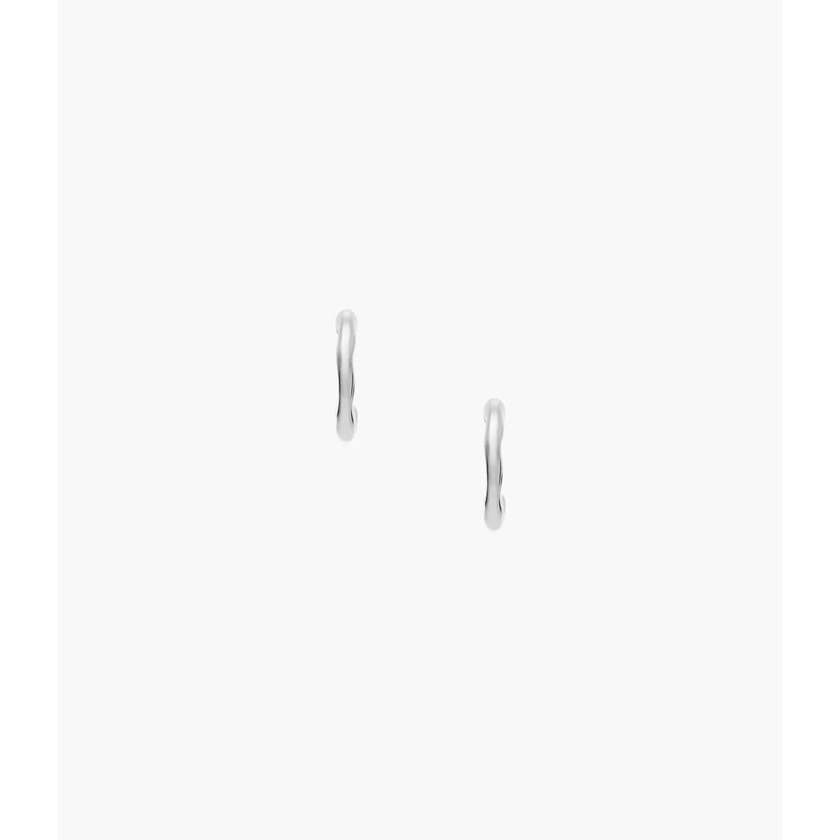 Two silver-tone hoop earrings, shown individually, smooth curved C-shape
