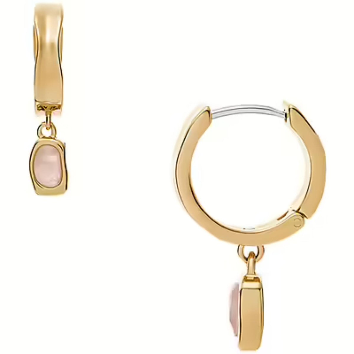 Gold-tone hoop earrings with rose quartz pink gemstone and hanging bar charm