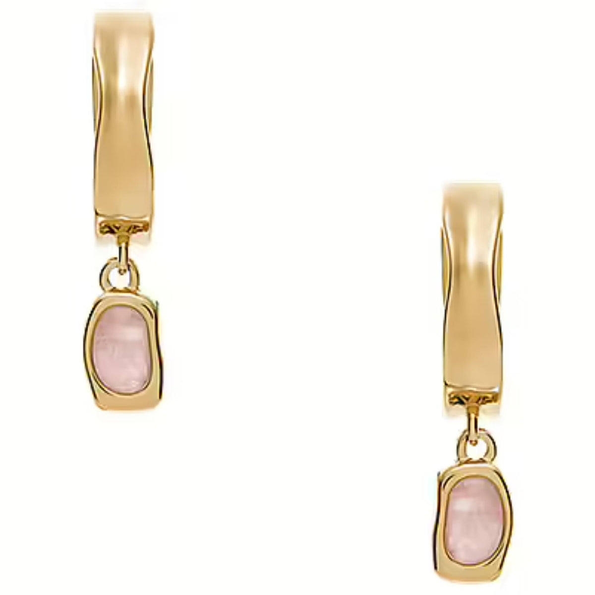 Two gold-tone rose quartz hoop earrings with pink oval gemstone and drop charm