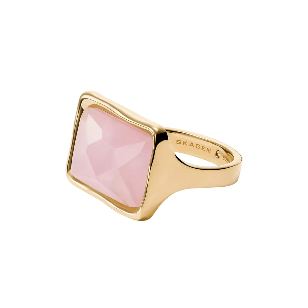 Gold-tone cocktail ring with pink rose quartz square centerpiece and oval band